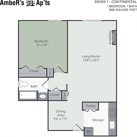Floor plan for 1 bed, 1 bath, 668 sqft
